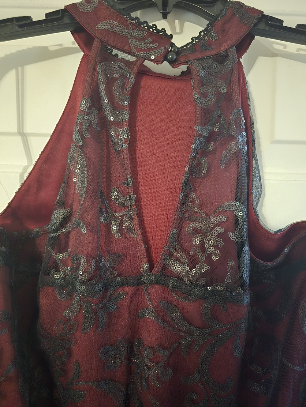 Altar'd State Embellished Halter Party Dress in Deep Burgundy and Black Lace - Picture 7 of 9